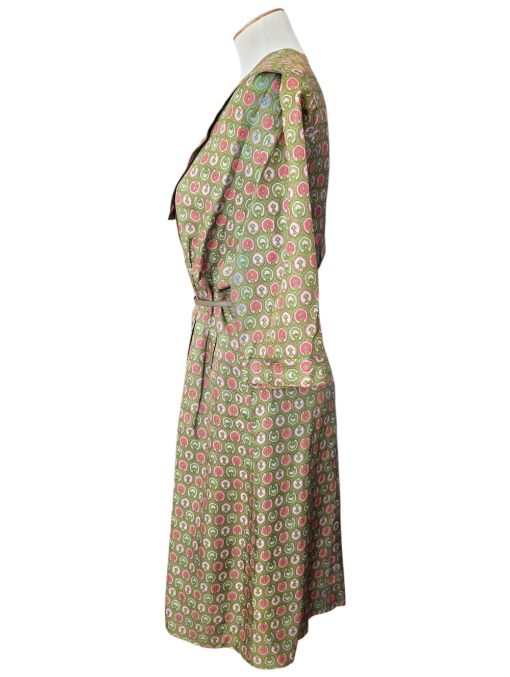 Vintage 1950s Korell Printed Day Dress Olive Pink Novelty Print Womens Size XL - Picture 6 of 15
